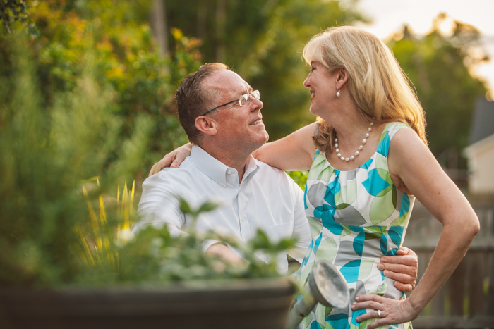 backyard engagement couple at sunset